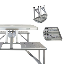 Cargar imagen en el visor de la galería, Mesa Maleta de Camping Plegable Portátil 4 Asientos y Agujero Sombrilla Estructura Aluminio Playa Picnic 135.5x84.5x66cm (Gris)
