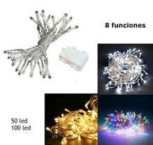 Cargar imagen en el visor de la galería, Cadena luces 50 LED pilas guirnaldas exteriortransparentes multiintermites
