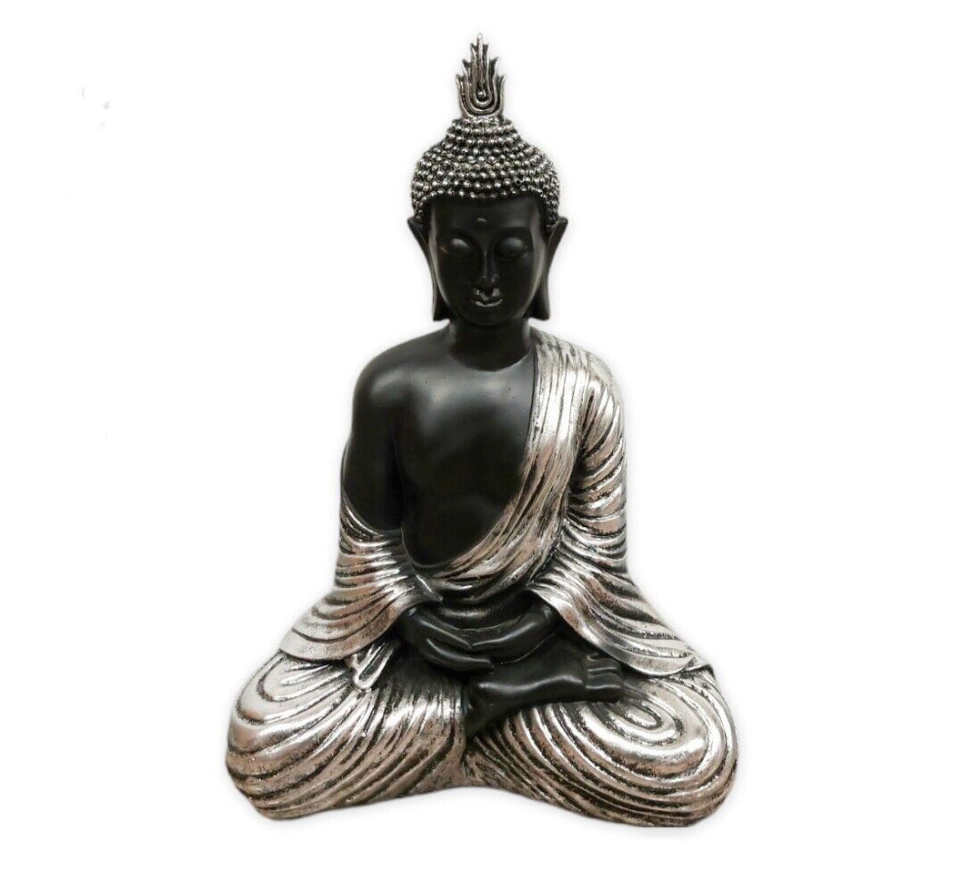 Figura buda sabio 32X21X48 cm prajna plata negro resina decoracion hogar