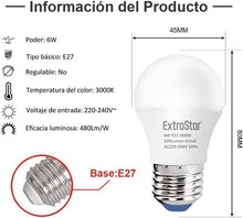 Cargar imagen en el visor de la galería, Pack 6 Bombillas LED 6W Globo E27 G45 Casquillo Gordo, 480lm, Luz Fria, Calida
