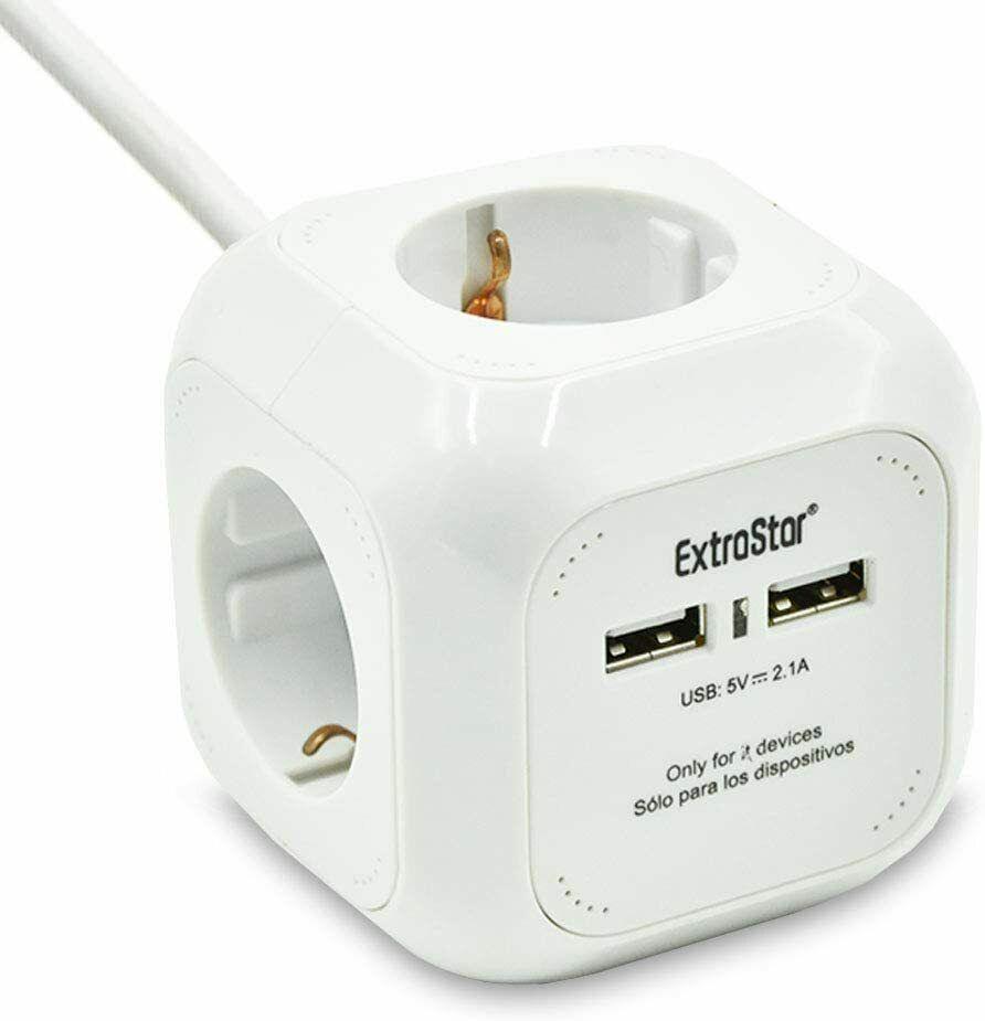 6 en 1 Cubo Regleta Enchufe con USB de 4 Enchufes + 2 Puertos USB 5V, 1.5M, MAX 3680W, 16A, Blanco, para Hogar Oficina