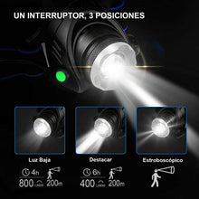 Cargar imagen en el visor de la galería, Linterna de cabeze frontal led 3 posiciones con pilas recargables 800LM Acampada
