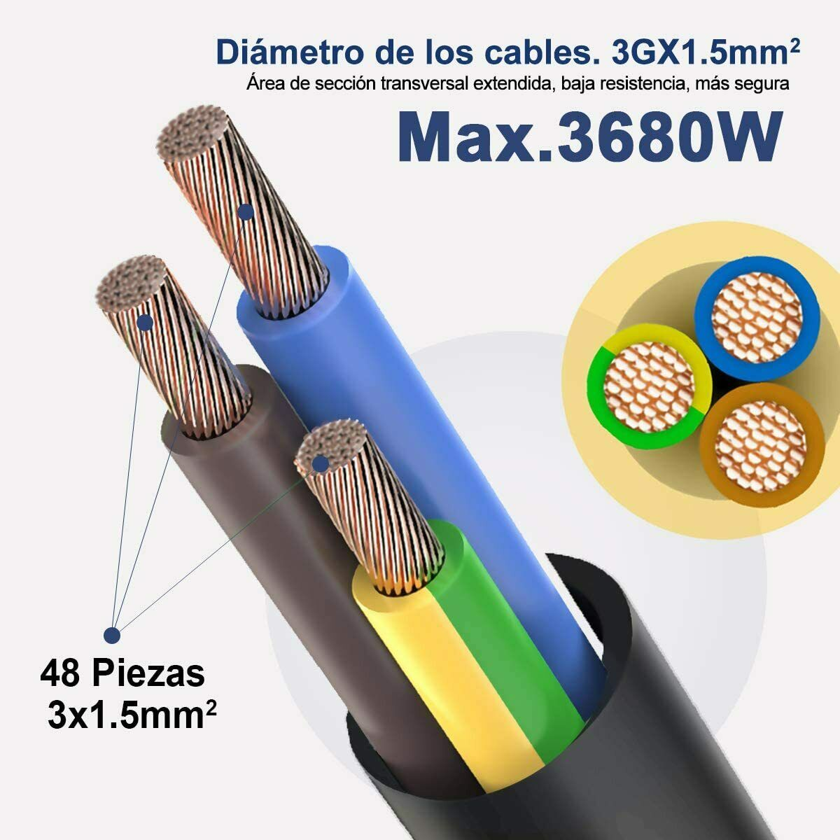 Alargador De Enchufe Electrico Cable 2m 3gx1,5mm Cobre