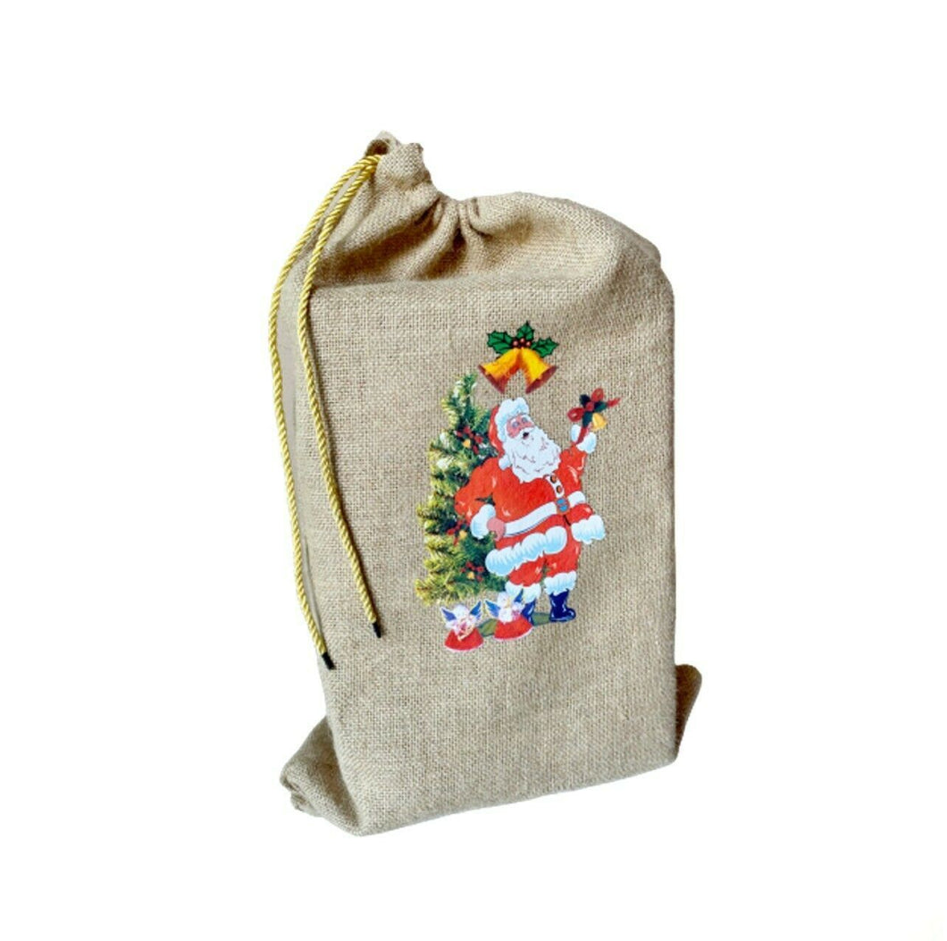 Bolsa saco de Navidad de calamo beige Estampado de Papá Noel Santa Claus