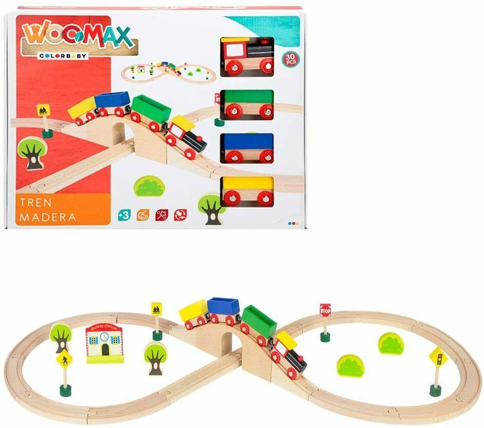 WOOMAX-Tren de madera y vías 30 piezas