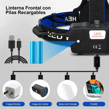 Cargar imagen en el visor de la galería, Linterna de cabeze frontal led 3 posiciones con pilas recargables 800LM Acampada

