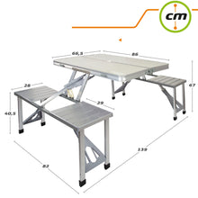 Cargar imagen en el visor de la galería, Mesa Maleta de Camping Plegable Portátil 4 Asientos y Agujero Sombrilla Estructura Aluminio Playa Picnic 135.5x84.5x66cm (Gris)
