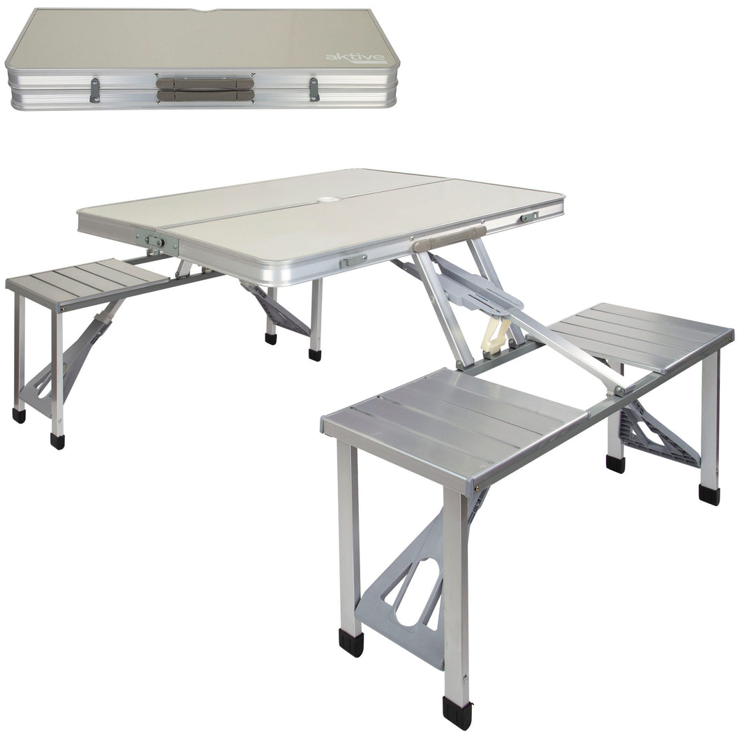 Mesa Maleta de Camping Plegable Portátil 4 Asientos y Agujero Sombrilla Estructura Aluminio Playa Picnic 135.5x84.5x66cm (Gris)