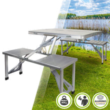 Cargar imagen en el visor de la galería, Mesa Maleta de Camping Plegable Portátil 4 Asientos y Agujero Sombrilla Estructura Aluminio Playa Picnic 135.5x84.5x66cm (Gris)
