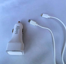 Cargar imagen en el visor de la galería, Cargador Coche con Doble Puertos y un Cable 2 en 1 Blanco USB apple y android
