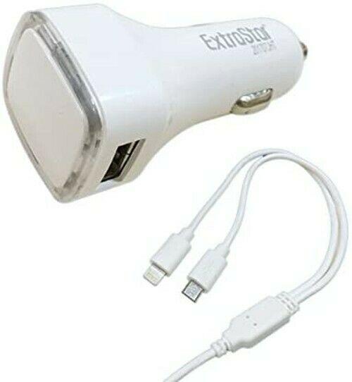 Cargador Coche con Doble Puertos y un Cable 2 en 1 Blanco USB apple y android