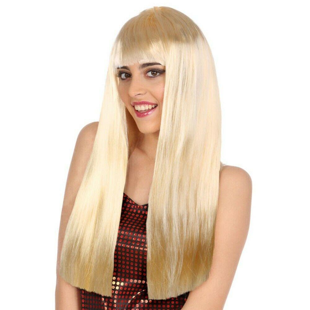 Peluca Extra Larga Flequillo, Color Rubio Adulto Accesorio de Disfraz Carnaval