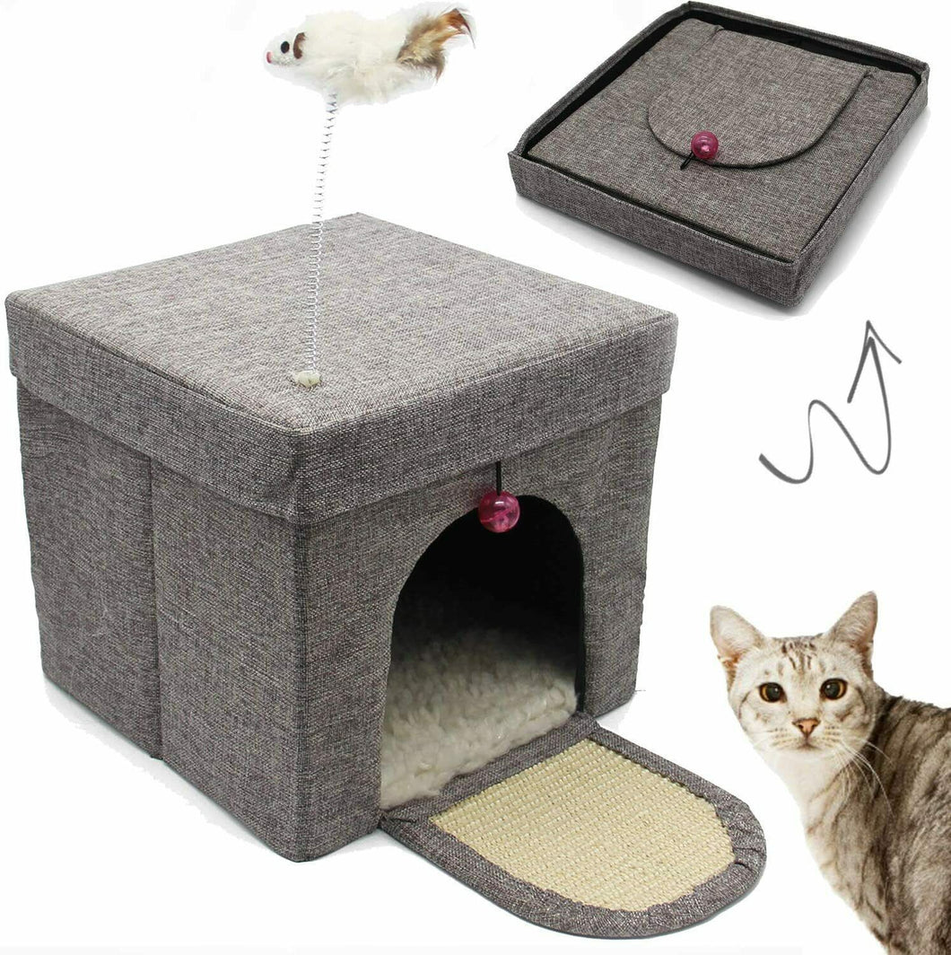 Casa para Gatos Mascotas Portable Plegable con Juguete Ratón 30x30x29cm