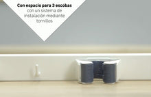 Cargar imagen en el visor de la galería, Colgador triple para escobas 3.2 x 35.5 cm blanco y gris con tornillos
