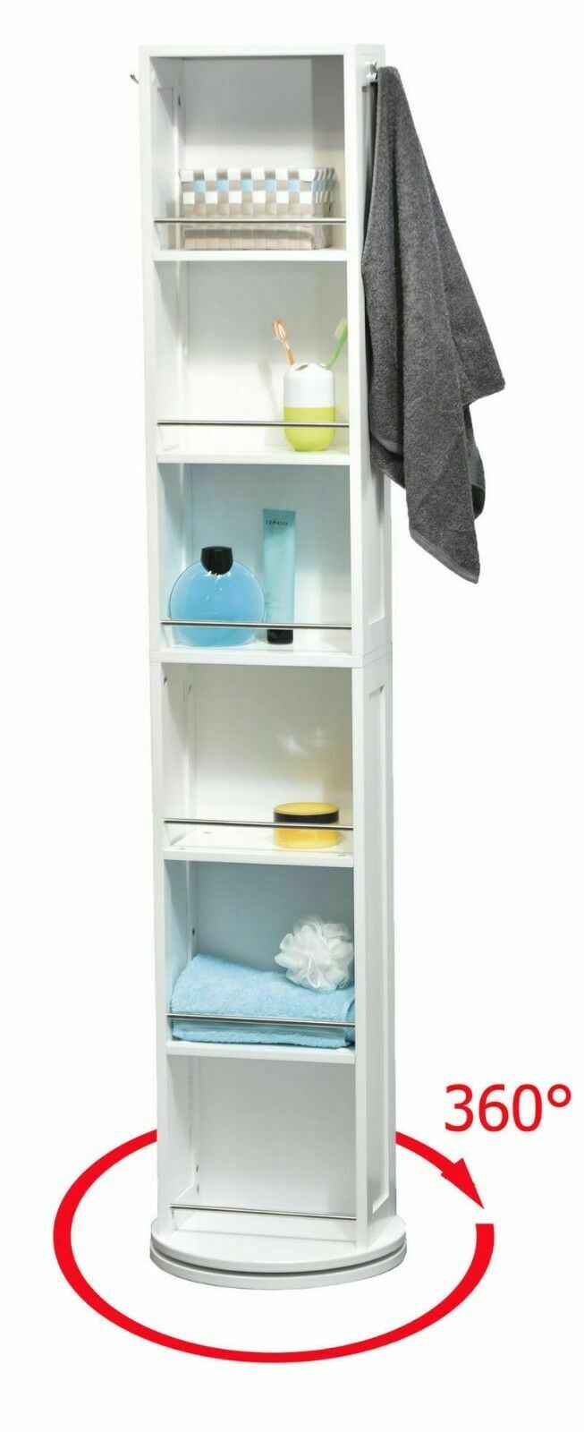 Mueble Columna de baño almacenamiento giratoria - 6 estantes + Espejo + 2 colgadores